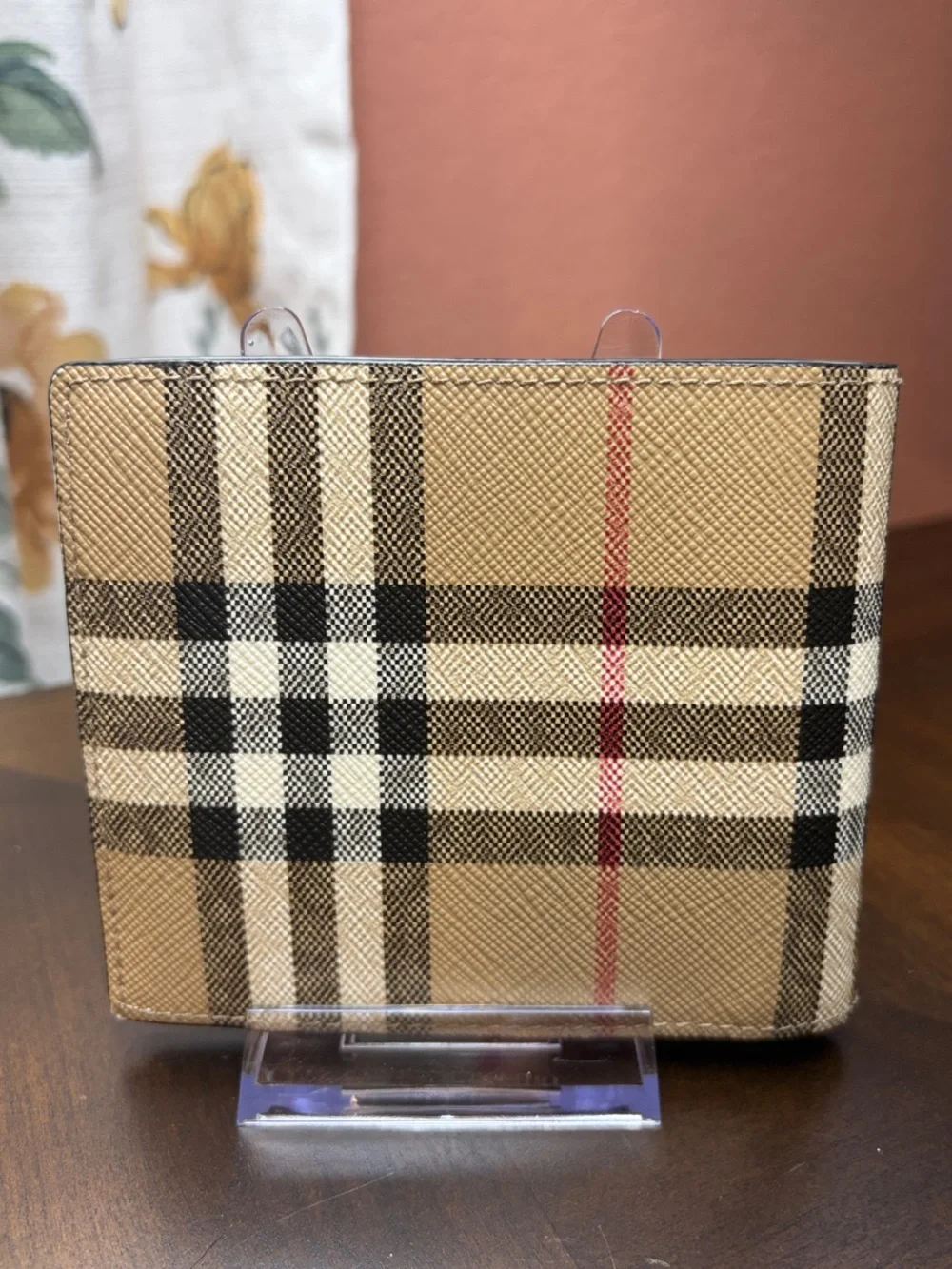 Burberry Beige Plaid Bifold Wallet with Black and Red Accents